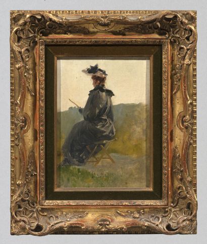null Jules CHERET (1836-1932).

Femme lisant sur un pliant.

Huile sur panneau.

28,5...