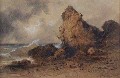 null Hippolyte LEBAS (1782-1867).

The wreckage of the shipwreck on the coast.

Watercolor...