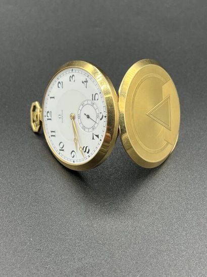 null OMEGA. Art Deco period. Yellow gold 750 mm pocket watch with white enameled...