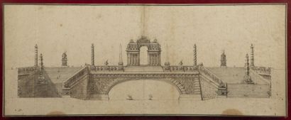  Italian school of the end of the 18th century. 
Project of a triumphal bridge. 
Pen...