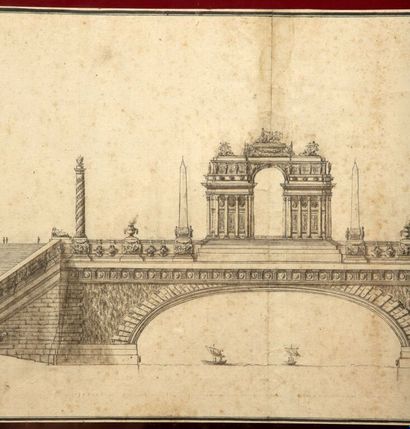  École italienne de la fin du XVIIIe siècle. 
Projet de pont triomphal. 
Plume et...