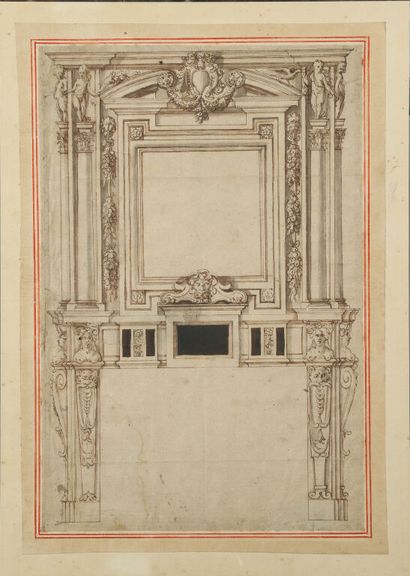  French school of the 16th century. 
Project of a fireplace. 
Pen and brown ink,...