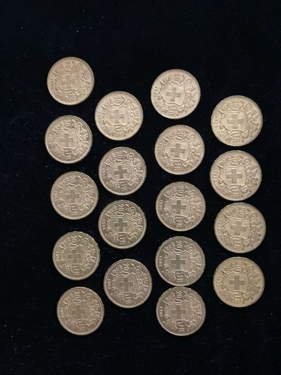  [Suisse]. 155 pièces 20 FRANCS Veneli or (900 millièmes) : 
- 2 de 1883. 
- 1 de...