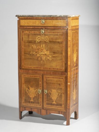  Secretary with flap inlaid with musical instruments and antique urns opening from...