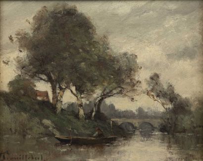  Paul-Désiré TROUILLEBERT (1829-1900). 
Homme dans une barque près d'un pont. 
Huile...