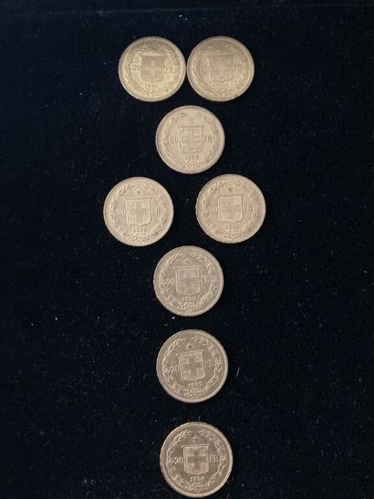  [Suisse]. 155 pièces 20 FRANCS Veneli or (900 millièmes) : 
- 2 de 1883. 
- 1 de...