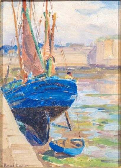null René HANIN (1876-1943).

Bateau de pêche à quai, à marée basse.

Huile sur panneau.

Signée...
