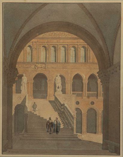 null Charles QUESTEL (1807-1888).

Escalier des géants, palais des Doges, Venise.

Aquarelle,...