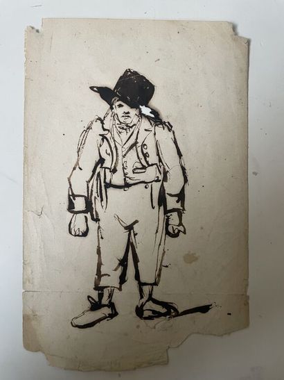  Ecole française du XIXe siècle. 
Homme en pantalon court, veste et chapeau. 
Encre...