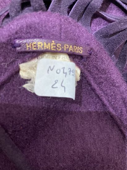  HERMES Paris 
Eggplant cashmere triangular shawl with colored lambskin bangs on...