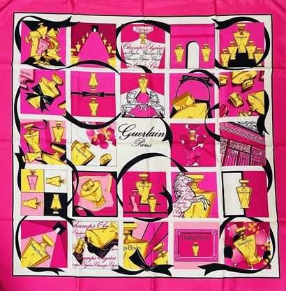 GUERLAIN 
Two squares in printed silk twill,...