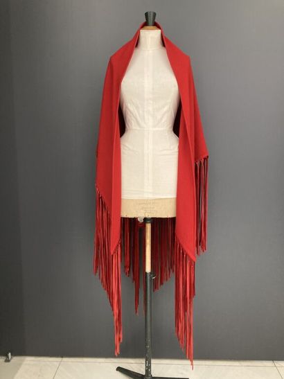  HERMES Paris 
Triangular shawl in red Hermes wool and cashmere blend embellished...