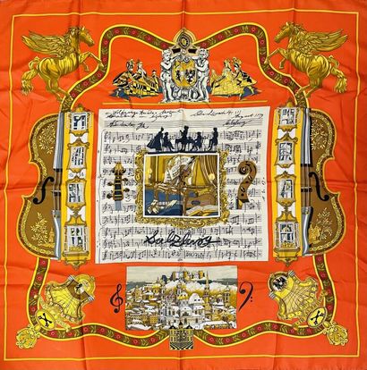  HERMES Paris 
Carré en twill de soie imprimée titré "Salzburg" sur fond orange....