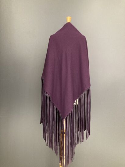  HERMES Paris 
Eggplant cashmere triangular shawl with colored lambskin bangs on...