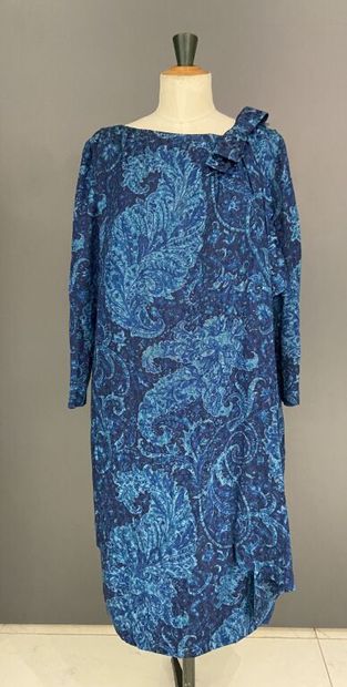  PIERRE CARDIN 
Blue silk cameo dress printed with flowers and botehs on a grid effect...