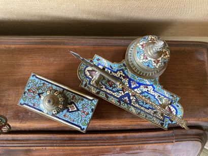 null A set of polychrome cloisonné enamel desk including an inkwell forming a penholder...