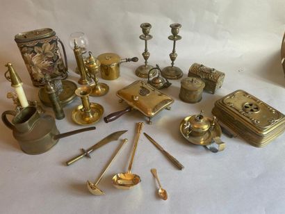null Brassware set including candle holders, boxes, paper cutter, asperger, ladle,...
