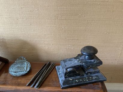 null Office set including nine metal, wood and glass penholders, a pewter letter...