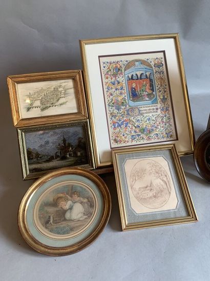 null Important lot of framed pieces including oils on wood, heightened engravings,...
