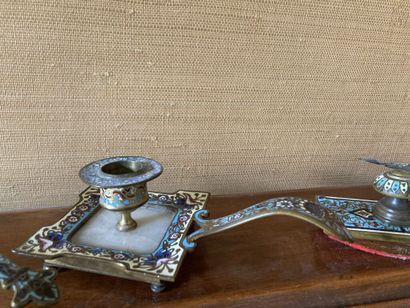 null A set of polychrome cloisonné enamel desk including an inkwell forming a penholder...