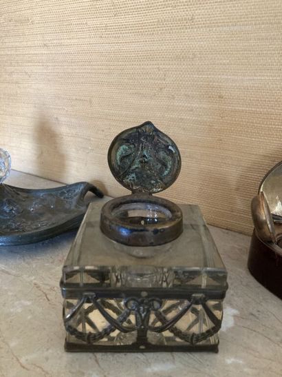 null A lot of seven inkwells, one in glass of square section with decoration of garland...