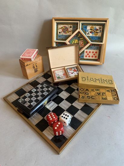null Lot of board games and elements of board games including mother of pearl chess...