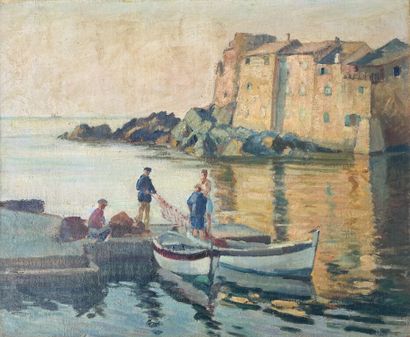  Marc BARDON (1891-1969) 
Pêcheurs sur le port d'Erbalunga. 
Huile sur toile. 
Signée...