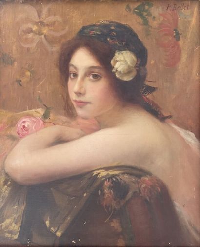  Pierre Auguste BELLET (1865-1924) 
Jeune femme au turban et à la rose. 
Huile sur...