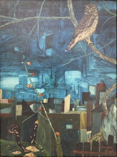  Bernard FILIPPI (1950) 
Chouette sur fond de paysage cubiste. 
Huile sur toile....