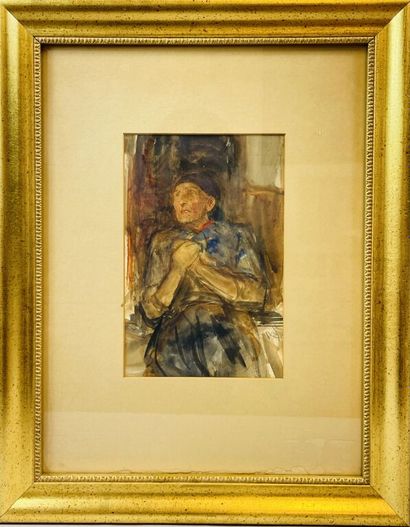  Hubert VON HERKOMER (1849-1914) 
Portrait de vieille femme. 
Aquarelle. 
Monogrammée...
