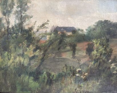  École française du XIXe siècle 
Paysage sylvestre avec maison de campagne en arrière-plan....