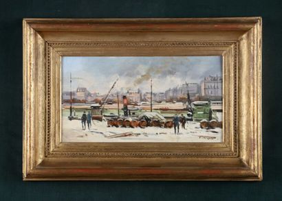 null P. JACQUET.

Work on the Ourcq Canal in Paris.

Oil on wood.

Signed lower right.

22...