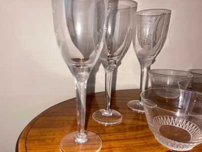 null 
LALIQUE FRANCE. 





3 pressed molded glass champagne glasses decorated with...
