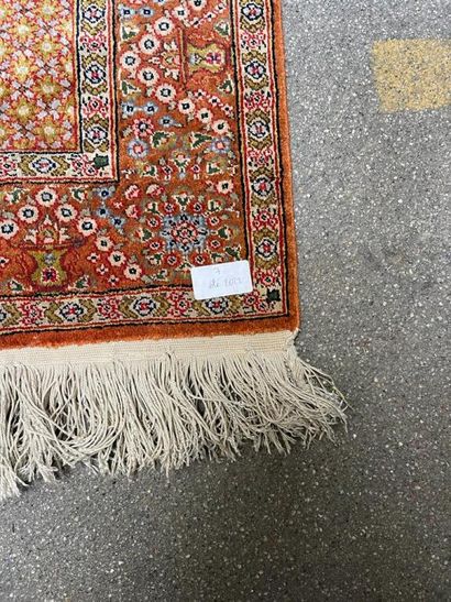 null Modern silk prayer rug from the East with blue and orange background and geometric...