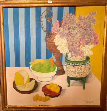 null G. de PAUL. 

Still life with fruits and flowery vase. 

Oil on canvas. 

Signed...