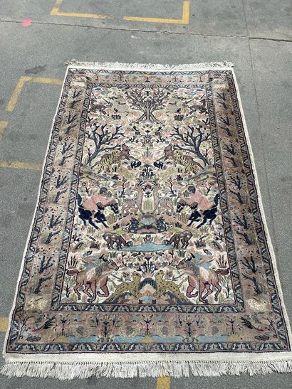 null Modern Oriental carpet in wool and silk with green and brown background decorated...