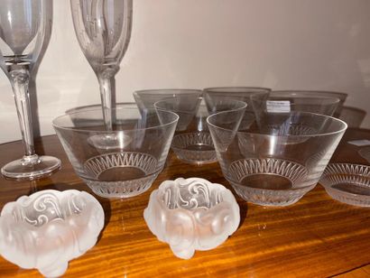 null 
LALIQUE FRANCE. 





3 pressed molded glass champagne glasses decorated with...