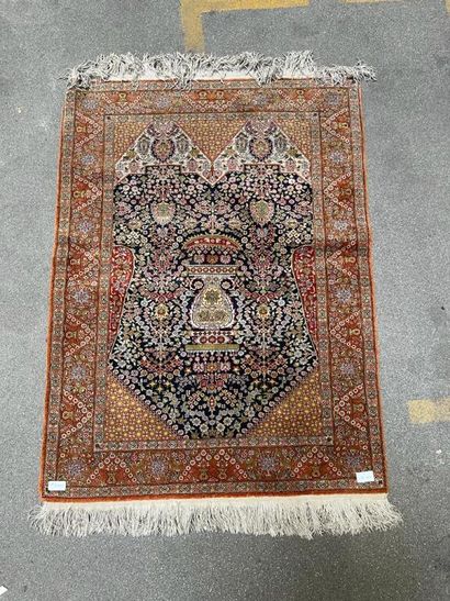 null Modern silk prayer rug from the East with blue and orange background and geometric...
