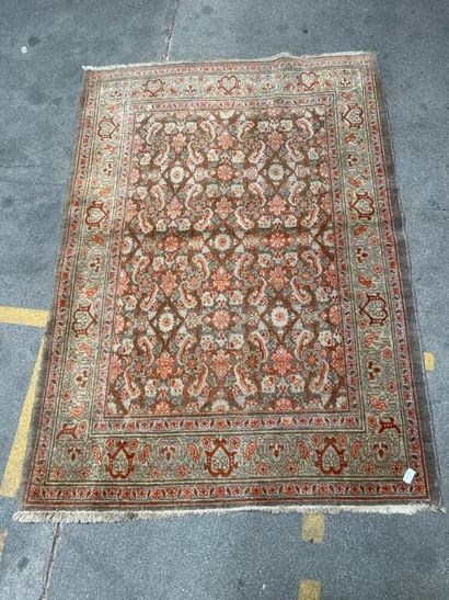 null Modern Oriental carpet with green, cream and orange background decorated with...