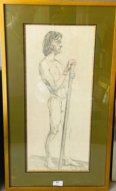 null École du XXe siècle. 

Portrait d'un homme en sous-vêtements tenant un bâton...
