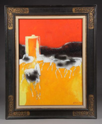 null Paul GUIRAMAND (1926-2007).
Chevaux sur fond rouge, noir et orange.
Huile sur...