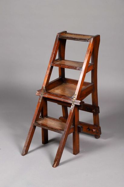 null Chair-library in cherry wood forming a stepladder in natural wood with openwork...