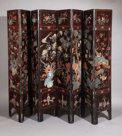 CHINA.
Screen with eight leaves divided into...