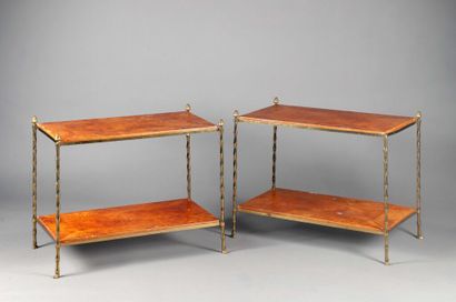 null Pair of rectangular brass sofa ends with two trays painted in imitation of burr...