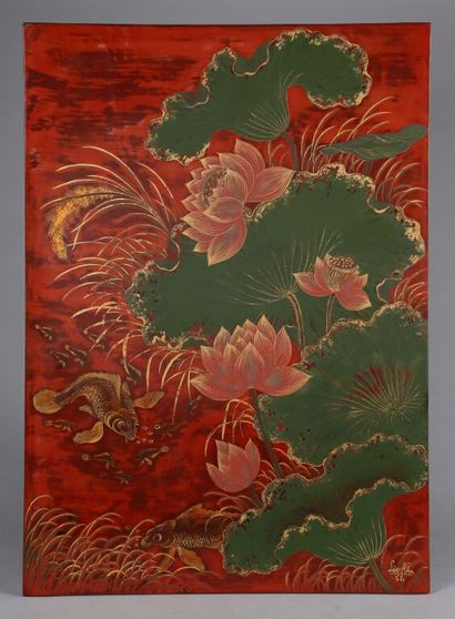 null Vietnamese school of the 20th century. 
Rectangular panel with polychrome and...