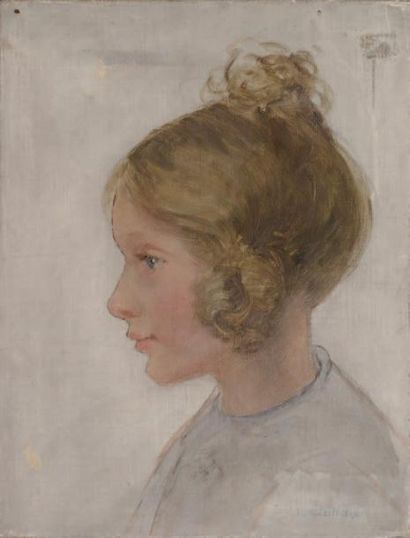 JEANNE LAUVERNAY-PETITJEAN Jeune fille au chignon, Andrée, fille de l'artiste. Huile...