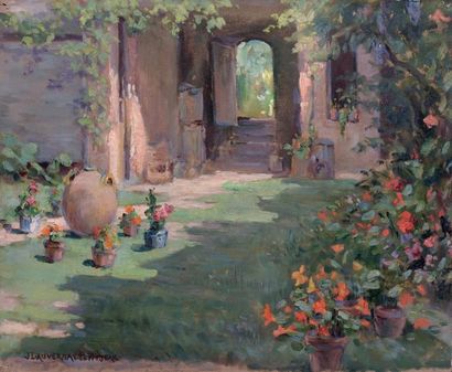 JEANNE LAUVERNAY-PETITJEAN Fleurs à Bleneau (Yonne). Huile sur carton signé en bas...