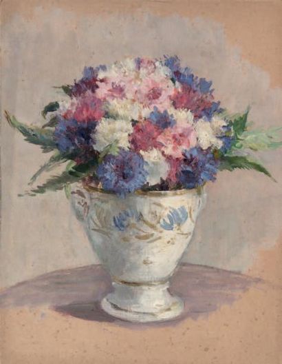 JEANNE LAUVERNAY-PETITJEAN Fleurs dans un vase en porcelaine. Huile sur carton. 35...