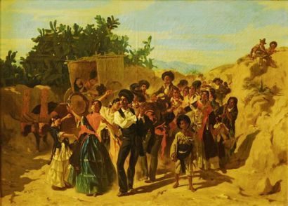 ALFRED DEHODENCQ (1822-1882) Bohémiens et bohémiennes au retour d'une fête en Andalousie,...