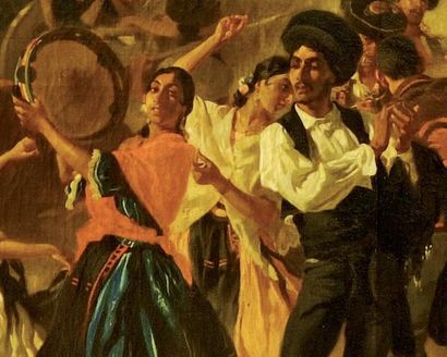 ALFRED DEHODENCQ (1822-1882) Bohémiens et bohémiennes au retour d'une fête en Andalousie,...